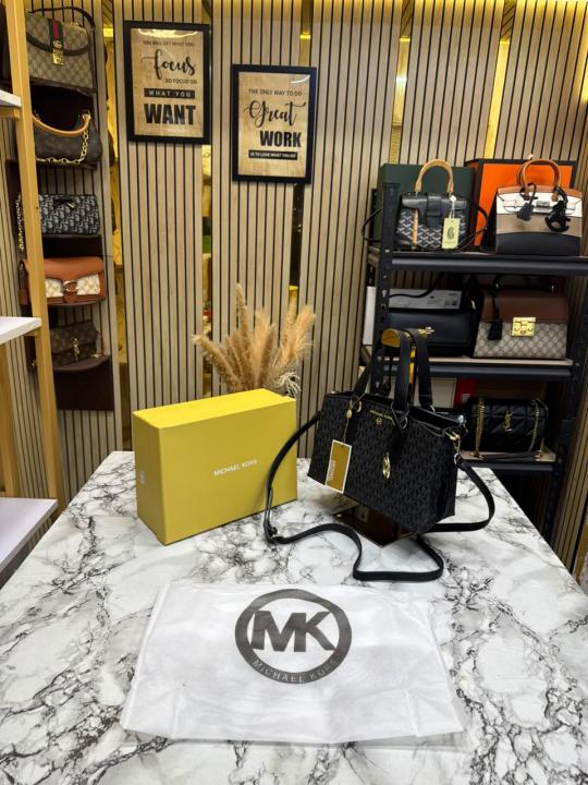 Michael Kor_s Emma Signature MK Satchel Tote With Shoulder Strap With Box And Dust Bag (Black)
