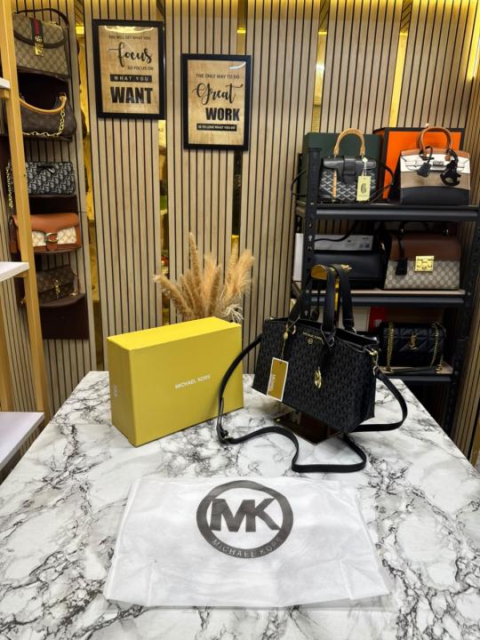 Michael Kor_s Emma Signature MK Satchel Tote With Shoulder Strap With Box And Dust Bag (Black)
