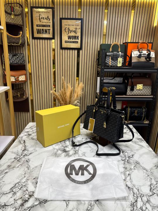 Michael Kor_s Emma Signature MK Satchel Tote With Shoulder Strap With Box And Dust Bag (Black)