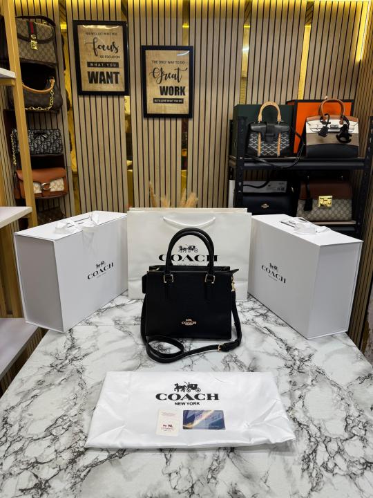 Coac_h Maggie Pebbled Leather Top Handle Crossbody Bag With Magnetic Box Including Carry Bag (Black) (C7)