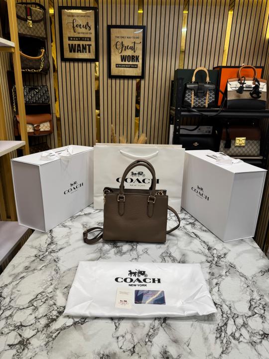 Coac_h Maggie Pebbled Leather Top Handle Crossbody Bag With Magnetic Box Including Carry Bag (Khaki) (C7)