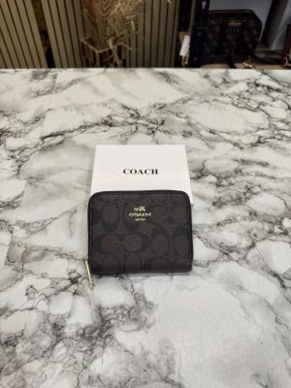 Coac_h Signature Monogram Zip-around Compact Wallet (Coffee) (60067)