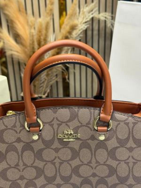 Coac_h Signature Monogram Leather Satchel Top Handle Bag With Box And Dust Bag Including Carry Bag (Apricot-3616)