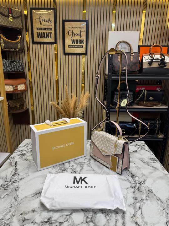 Michael Kor_s Signature Monogram Flap Satchel Bag With Crossbody Strap Including Magnetic Box And Dust Bag (Pink)