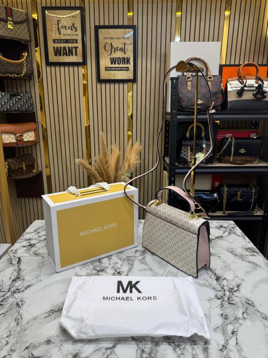 Michael Kor_s Signature Monogram Flap Satchel Bag With Crossbody Strap Including Magnetic Box And Dust Bag (Pink)