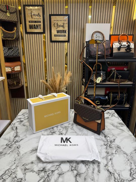 Michael Kor_s Signature Monogram Flap Satchel Bag With Crossbody Strap Including Magnetic Box And Dust Bag (Brown)