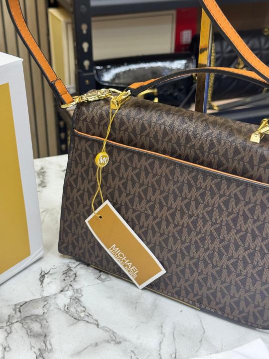 Michael Kor_s Signature Monogram Flap Satchel Bag With Crossbody Strap Including Magnetic Box And Dust Bag (Brown)