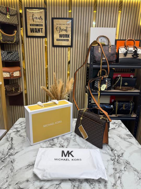 Michael Kor_s Signature Monogram Flap Satchel Bag With Crossbody Strap Including Magnetic Box And Dust Bag (Brown)