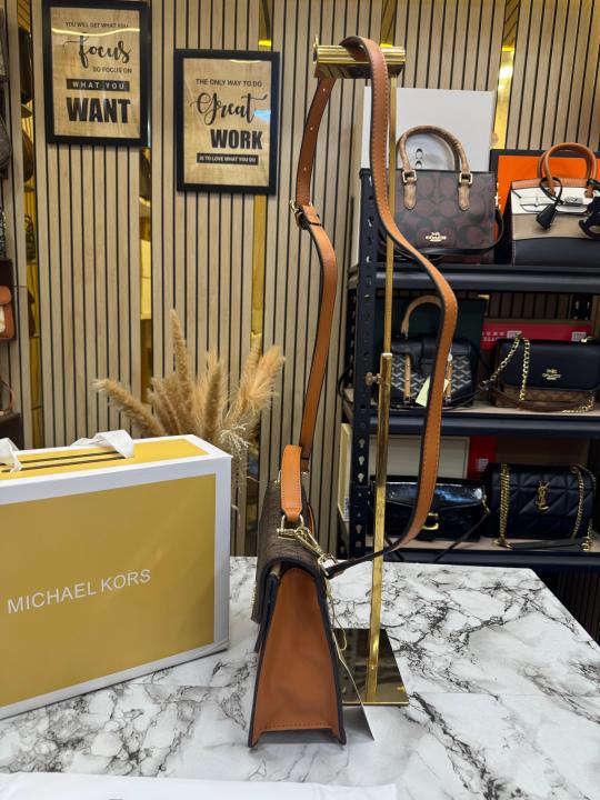 Michael Kor_s Signature Monogram Flap Satchel Bag With Crossbody Strap Including Magnetic Box And Dust Bag (Brown)