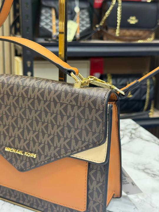 Michael Kor_s Signature Monogram Flap Satchel Bag With Crossbody Strap Including Magnetic Box And Dust Bag (Brown)