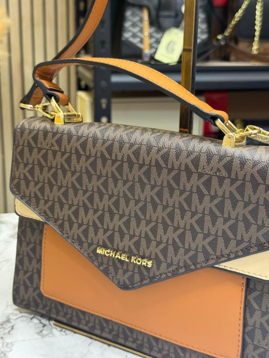 Michael Kor_s Signature Monogram Flap Satchel Bag With Crossbody Strap Including Magnetic Box And Dust Bag (Brown)