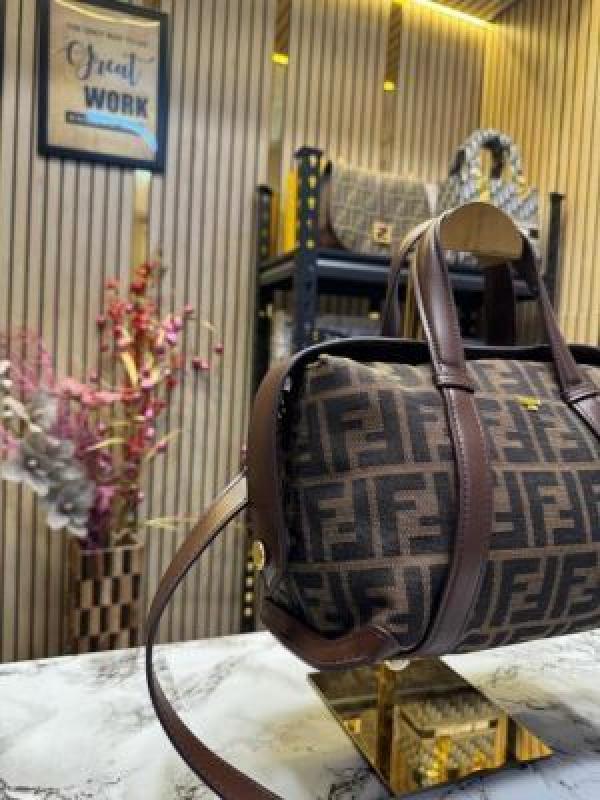 FEND_I LEATHER BOWLING HANDBAG WITH SLING PREMIUM QUALITY WITH DUST BAG (COFFEE BROWN) (V-202221)