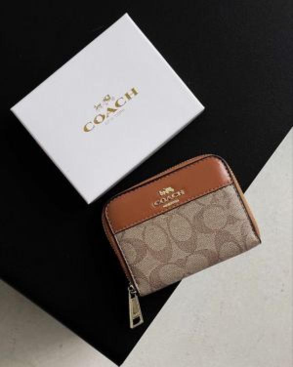 Coac_h Signature Monogram Zip-around Mini Wallet With Box (Tan) (AAAD310)