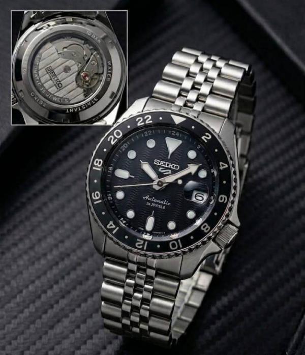 SEIK O 5 SPORTS GMT MOVEMENT LIKE AUTO OG LOCK SILVER BLACK 314