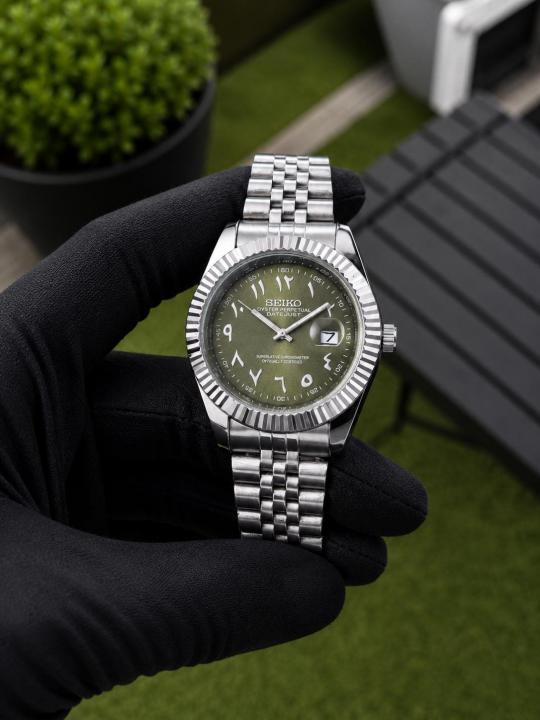 SEIK O MOD DATE JUST OLIVE GREEN ARABIC DIAL 672