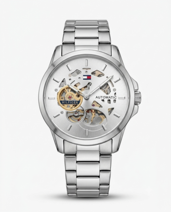 TOMMY HILFIGE SKELETON AUTOMATIC SILVER WHITE 587
