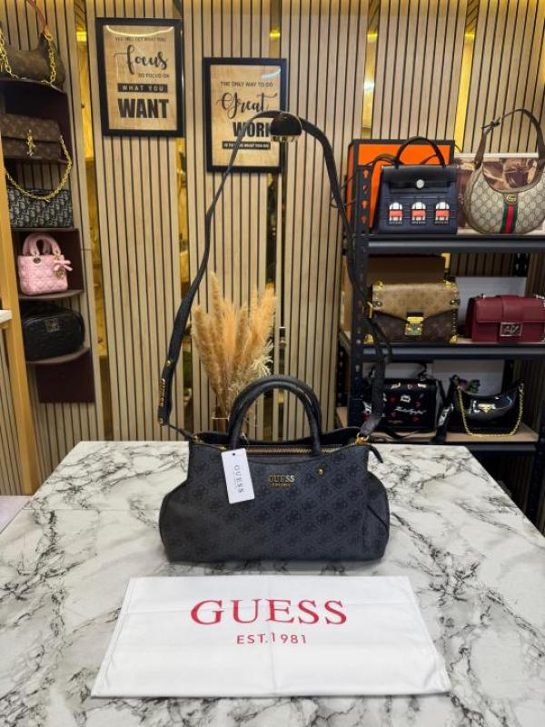 Guess Monogram Mini Satchel Crossbody Bag (Grey)