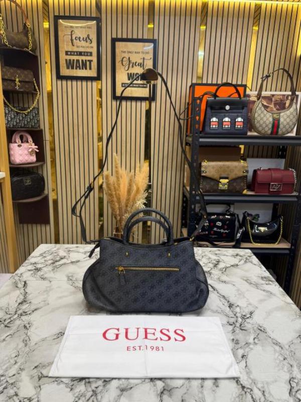 Guess Monogram Mini Satchel Crossbody Bag (Grey)