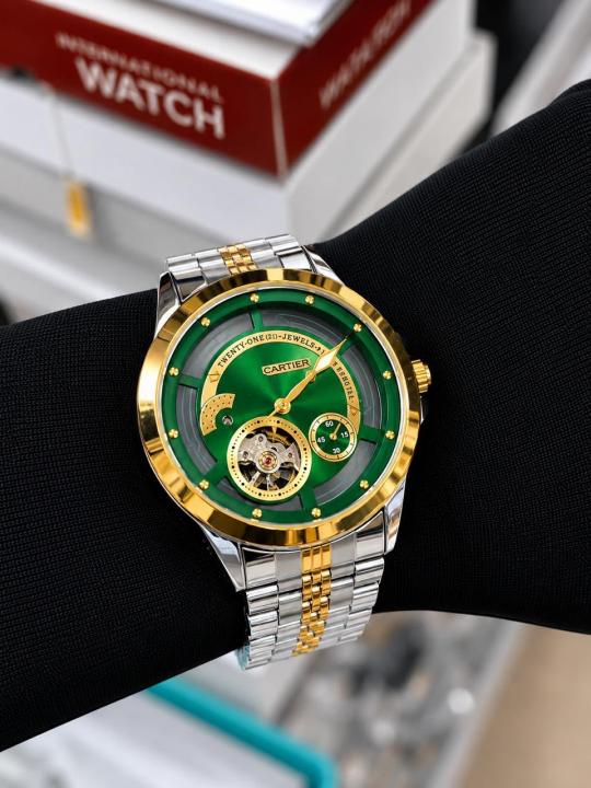Cartie 21 Automatic Open Heart Skeleton Two Tone Green