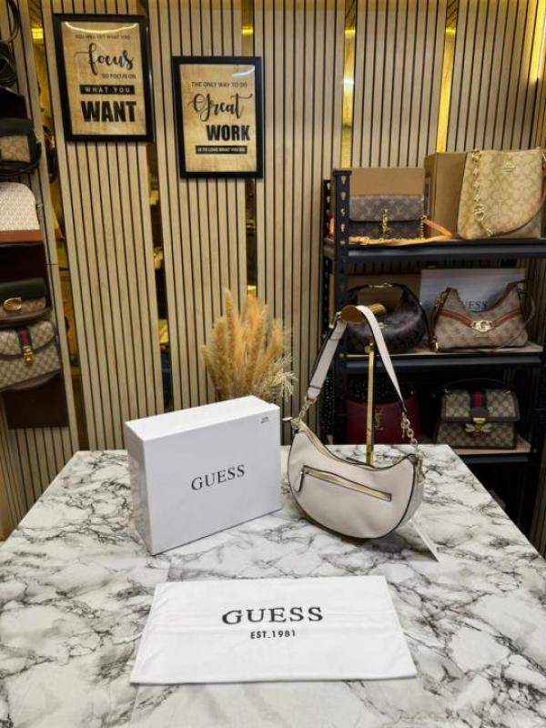 Guess Nastra Top Zip Shoulder Bag With Box And Dust Bag (White)