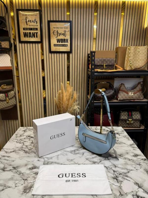 Guess Nastra Top Zip Shoulder Bag With Box And Dust Bag  (Blue)