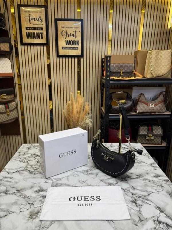 Guess Nastra Top Zip Shoulder Bag With Box And Dust Bag (Black)