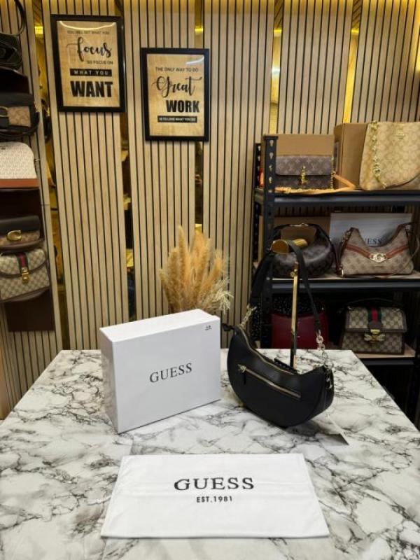 Guess Nastra Top Zip Shoulder Bag With Box And Dust Bag (Black)