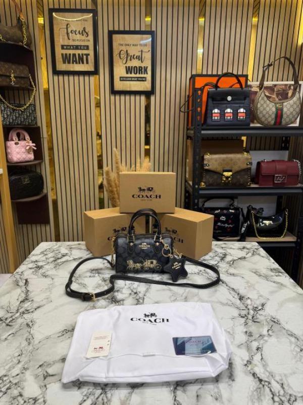 Coac Mini Boston Top Handle Crossbody Bag With Box And Dust Bag (Black-911)