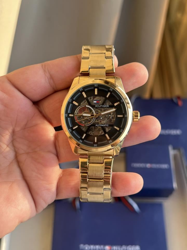 TOMMY HILFIGR AUTOMATIC GOLD BLACK PREMIUM WATCH