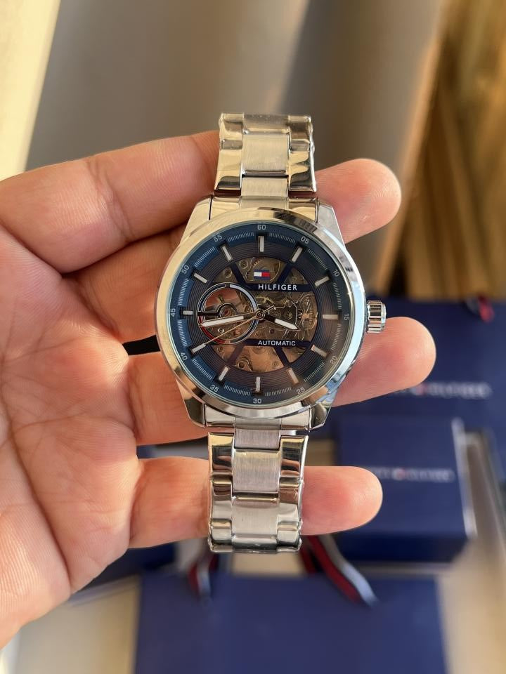 TOMMY HILFIGR AUTOMATIC SILVER BLUE PREMIUM WATCH
