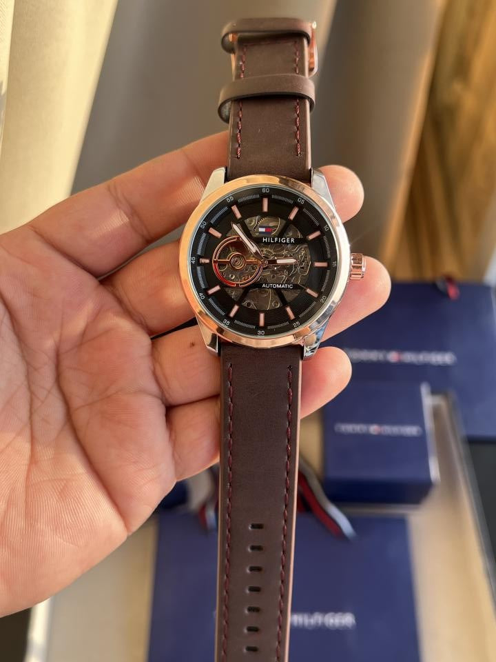 TOMMY HILFIGR AUTOMATIC LEATHER BELT BROWN