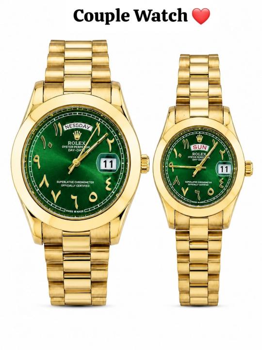 Roleex Couple Arabic Gold Green Day Date