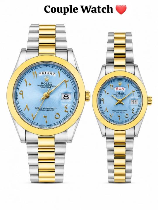 Roleex Couple Arabic Sky Blue Two Tone Day Date