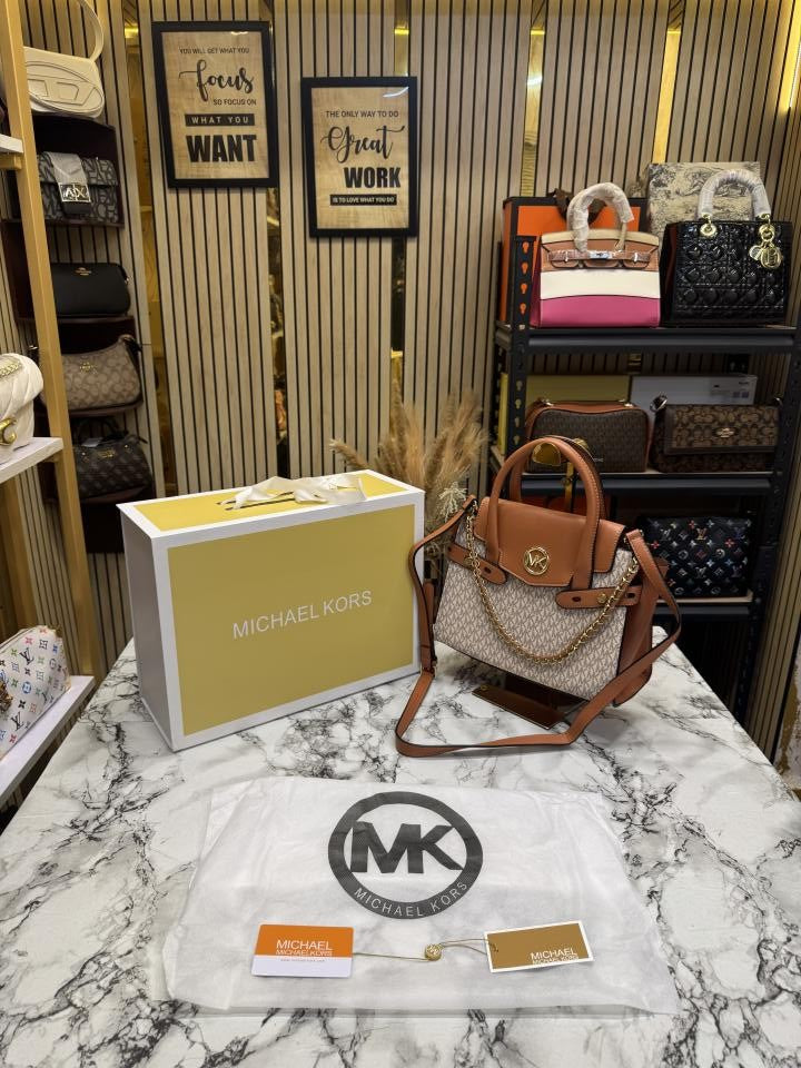 Michael ors ignature Carmen Flap Leather Satchel Handbag (Beige 20024)