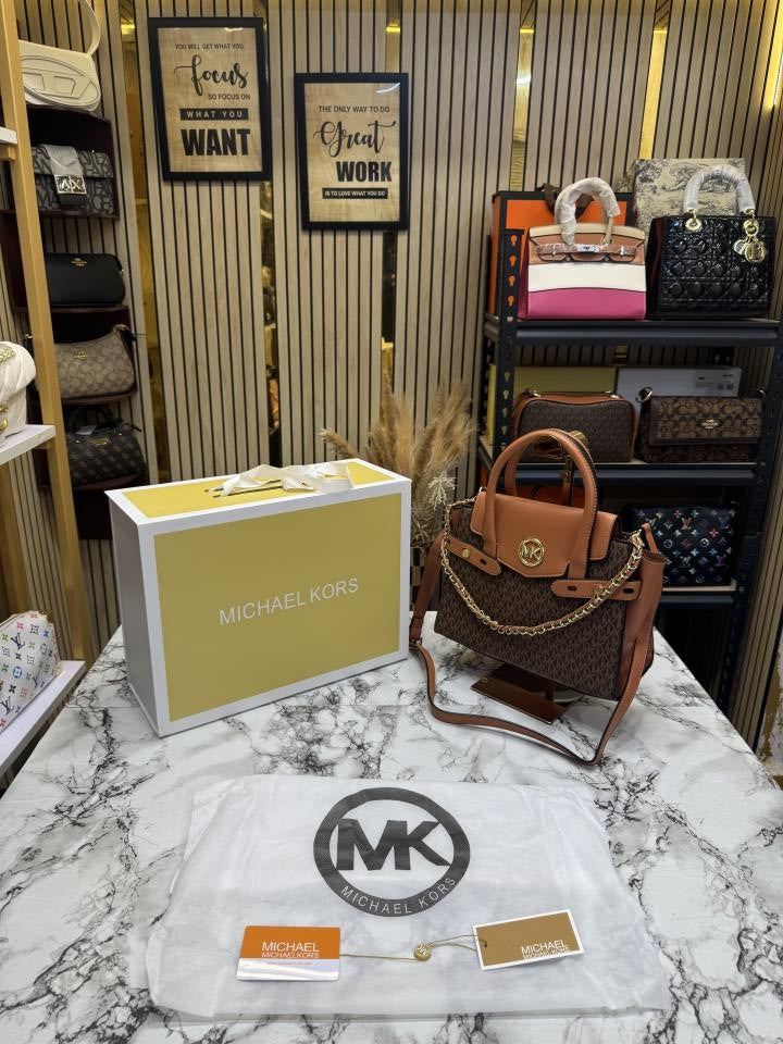 Michael ors Signature Carmen Flap Leather Satchel Handbag (Brown)