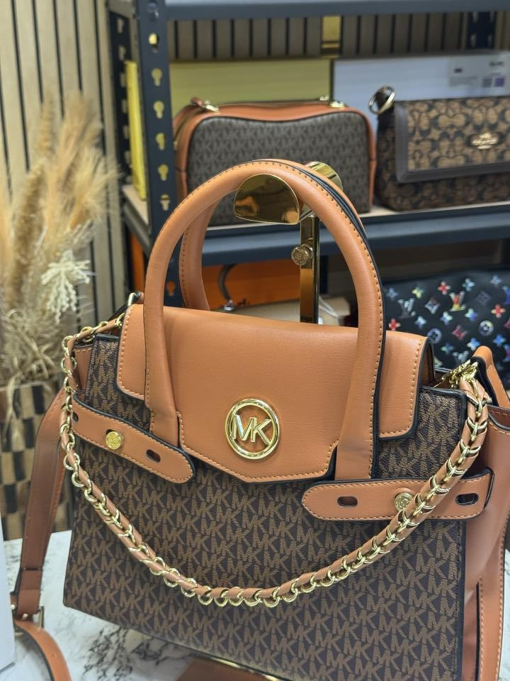 Michael ors Signature Carmen Flap Leather Satchel Handbag (Brown)