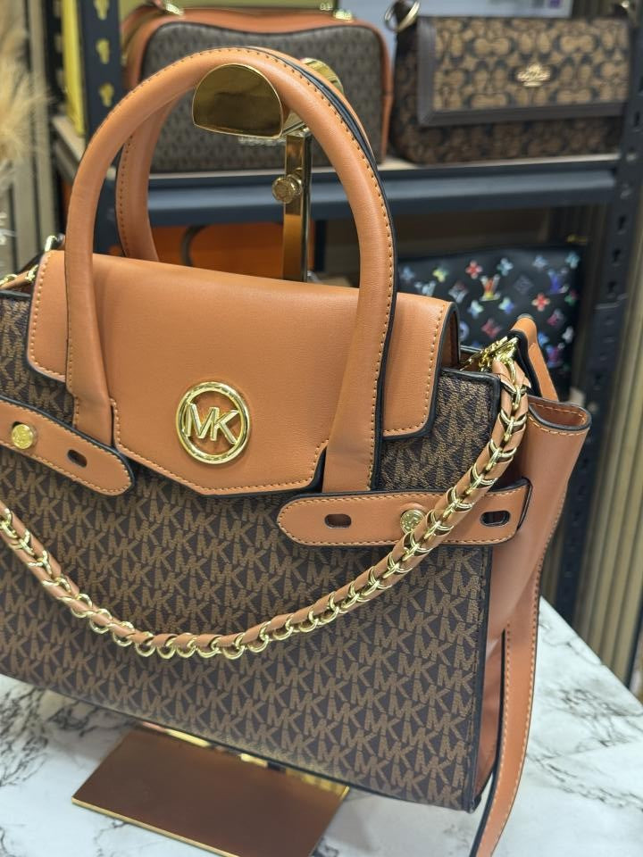 Michael ors Signature Carmen Flap Leather Satchel Handbag (Brown)