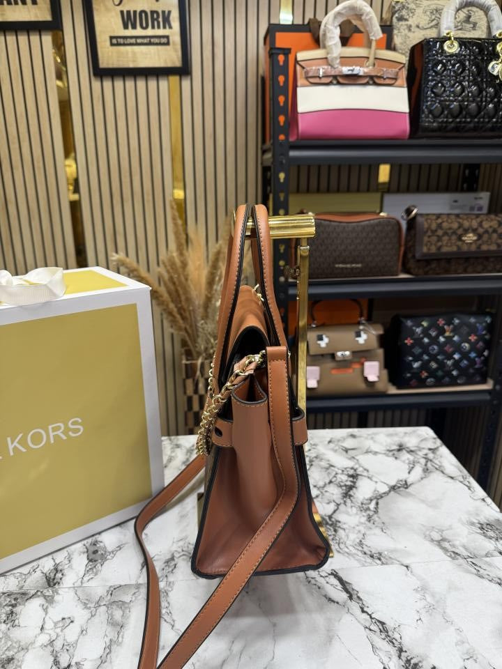 Michael ors Signature Carmen Flap Leather Satchel Handbag (Brown)