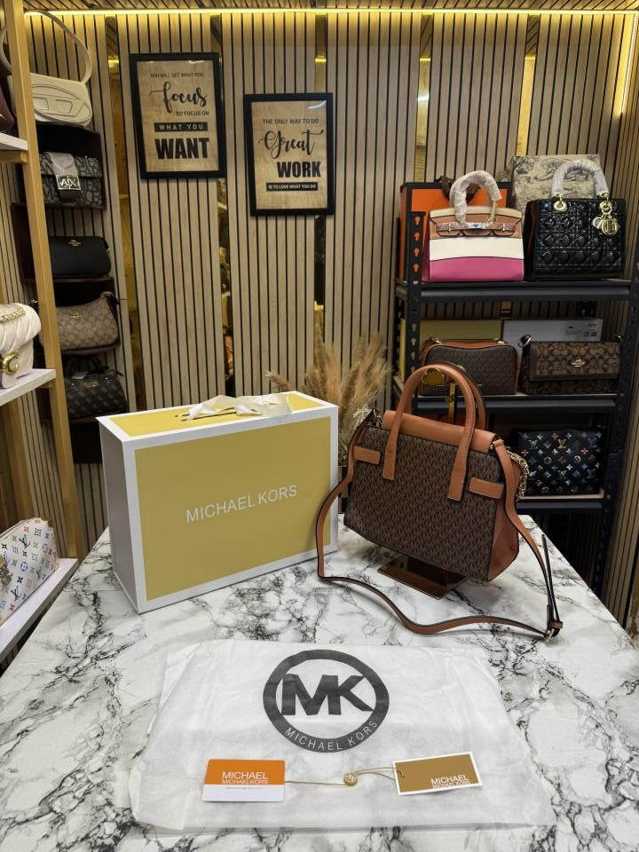 Michael ors Signature Carmen Flap Leather Satchel Handbag (Brown)