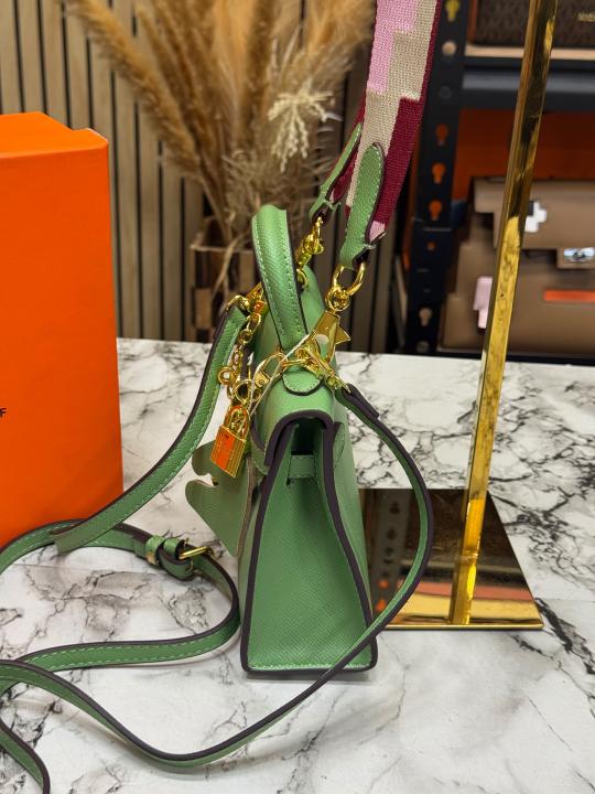Herme Kelly Mini II Top Handle Crossbody Bag With Embroidered Shoulder Strap With Box And Dust Bag (Green)