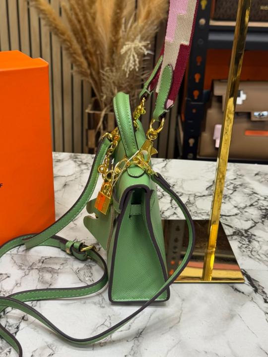 Herme Kelly Mini II Top Handle Crossbody Bag With Embroidered Shoulder Strap With Box And Dust Bag (Green)