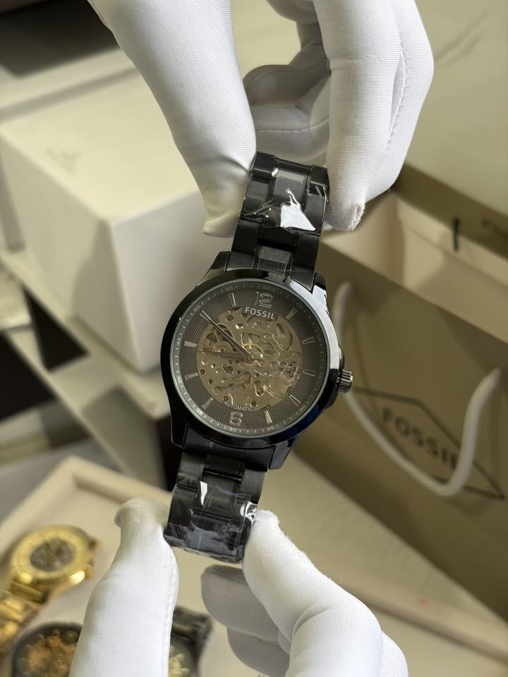 FOSSIIL SKELETON AUTOMATIC HEAVY QUALITY BLACK SILVER  783