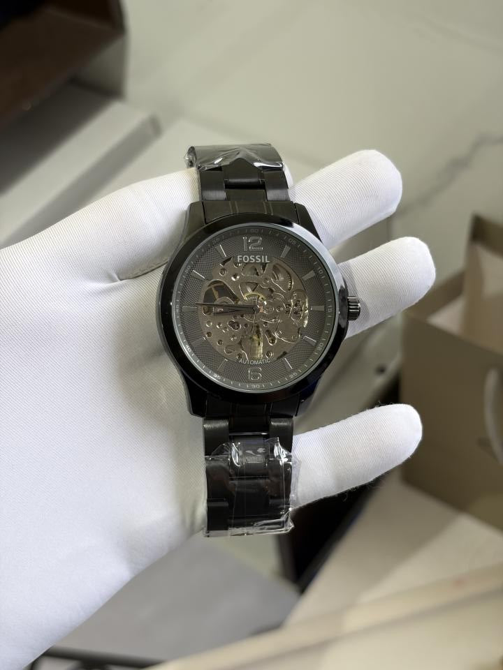 FOSSIIL SKELETON AUTOMATIC HEAVY QUALITY BLACK SILVER  783