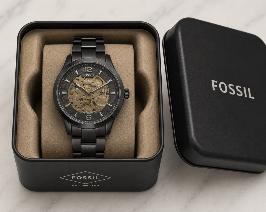 FOSSIIL SKELETON AUTOMATIC HEAVY QUALITY BLACK SILVER  783