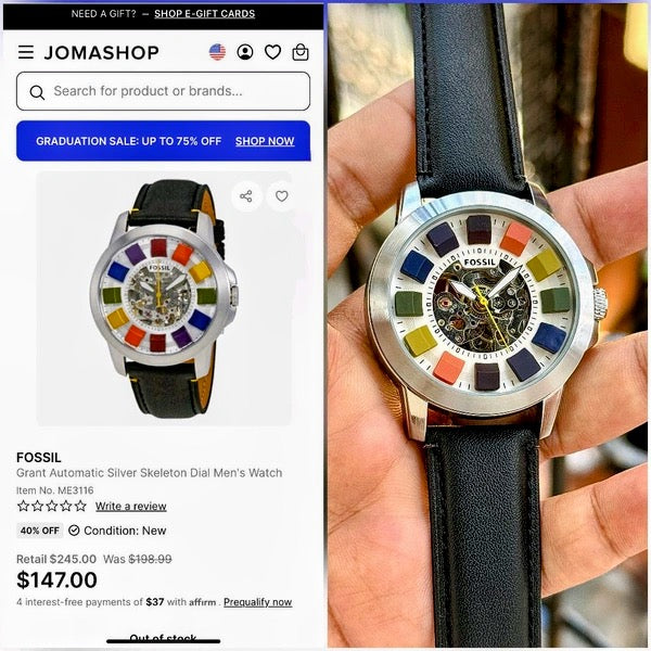 FOSSSIL GRANT COLOURS AUTOMATIC BLACK WHITE DIAL AT341