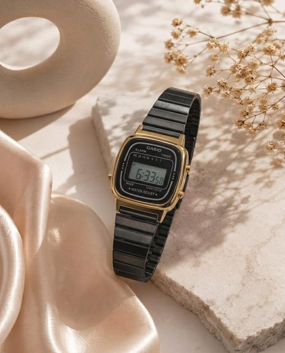Casio Womens Vintage LA670 Black-Gold-Black