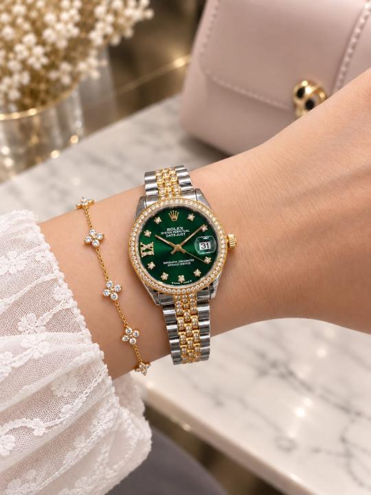 Roleex women Date Only Gold Two Tone Green Dial