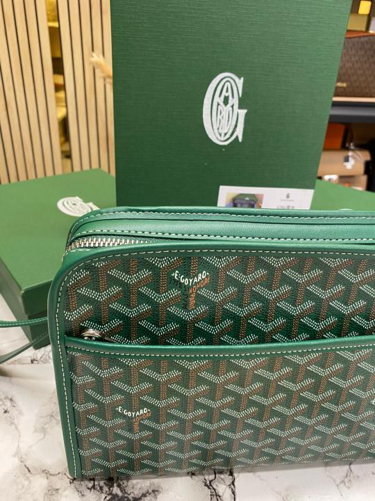 Goyar Senat MM Printed Canvas Zip Pouch With Wrist Strap Has DAMAGED Box And Dust Bag (Green)