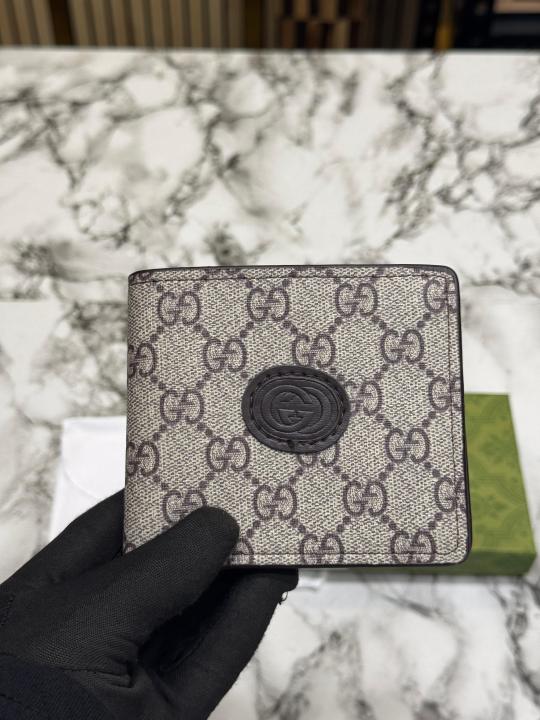 Gucc GG Supreme Canvas Interlocking G Bifold Wallet With Box And Dust Bag (Brown)