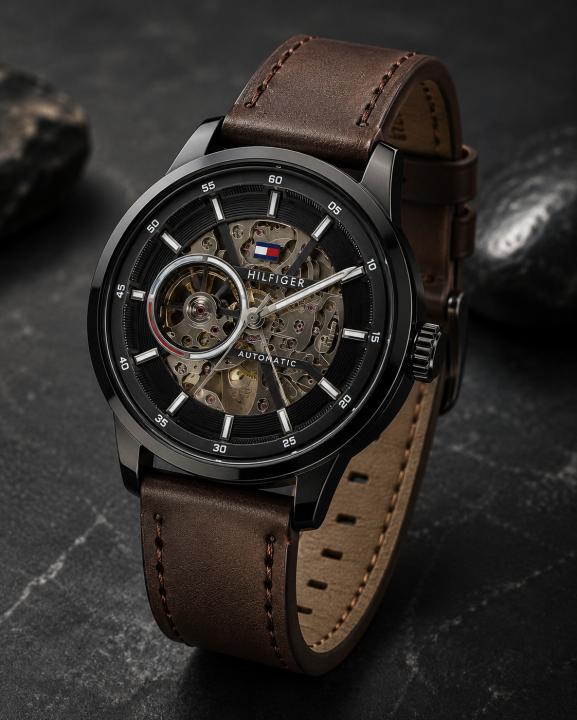 TOMMY HILFIGE AUTOMATIC SKELETON LEATHER BROWN BLACK 842